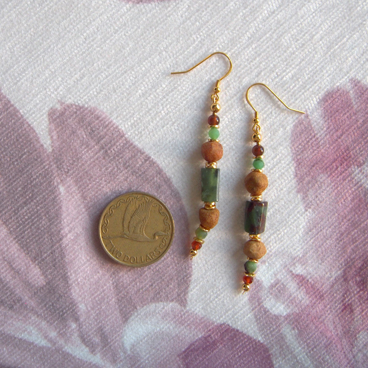 Common Opal(green), Amber(Raw crust), Chrysoprase, Garnet(orange) Earrings–Buds