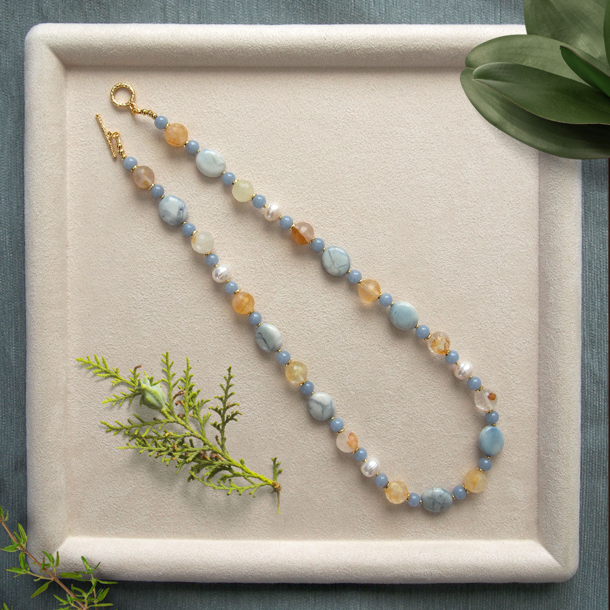Magnesite, Pearls, Inclusion Quartz, Blue Anhydrite Necklace-Sky