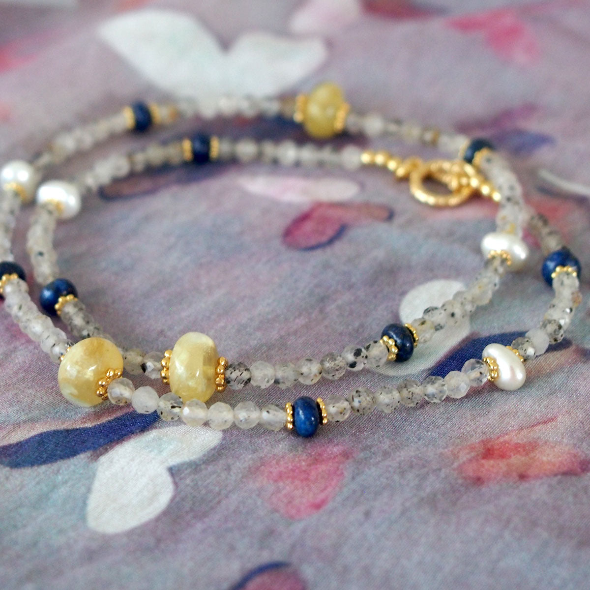 Lepidolite, Pearls, Lapis Lazuli, Quartz Rutilated Necklace- Power
