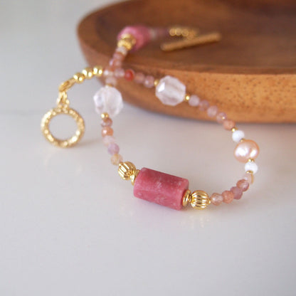 Rhodonite, Rock Crystal, Pearls, Sakura agate Bracelet- Love