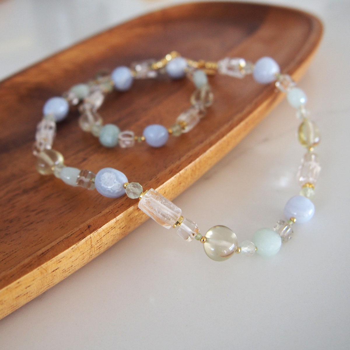 Lemon Quartz, Chalcedony, Rock Crystal, Beryl, Prehnite Necklace- Source