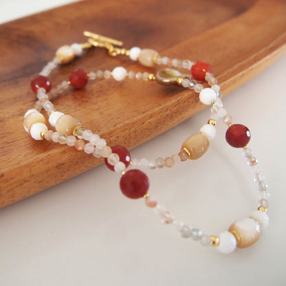 Pearls, Shell beads, Agate, Sunstone Necklace- Red sun