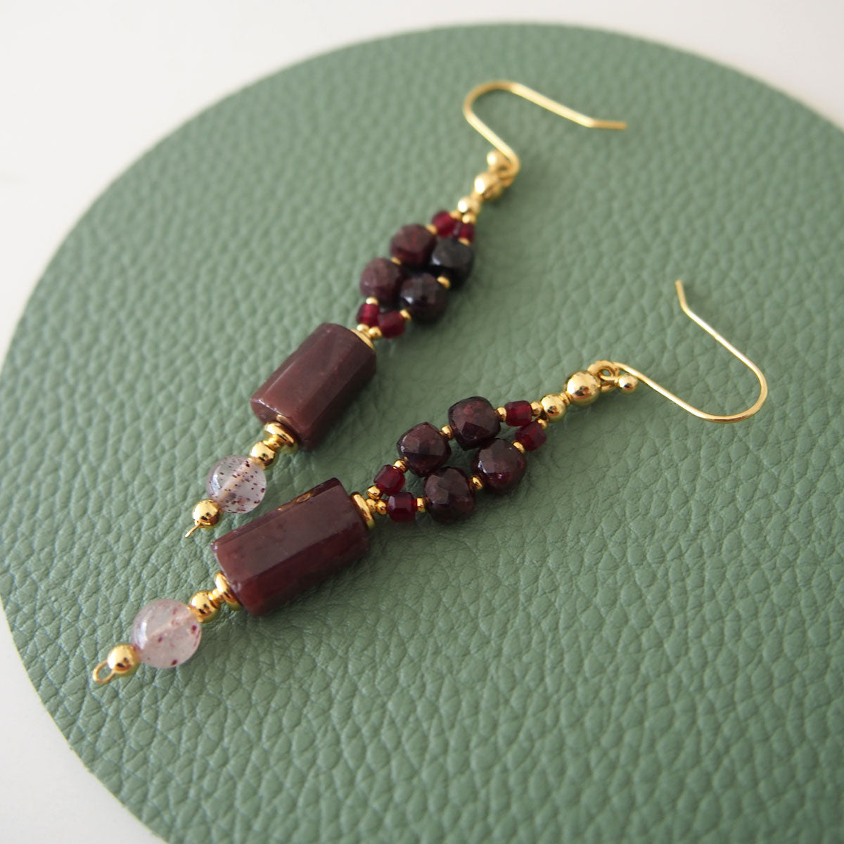 Garnet, Strawberry Quartz, Red Corundum(Synthetic) Earrings- Love