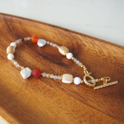 Pearls, Shell beads, Agate, Sunstone Bracelet- Red sun