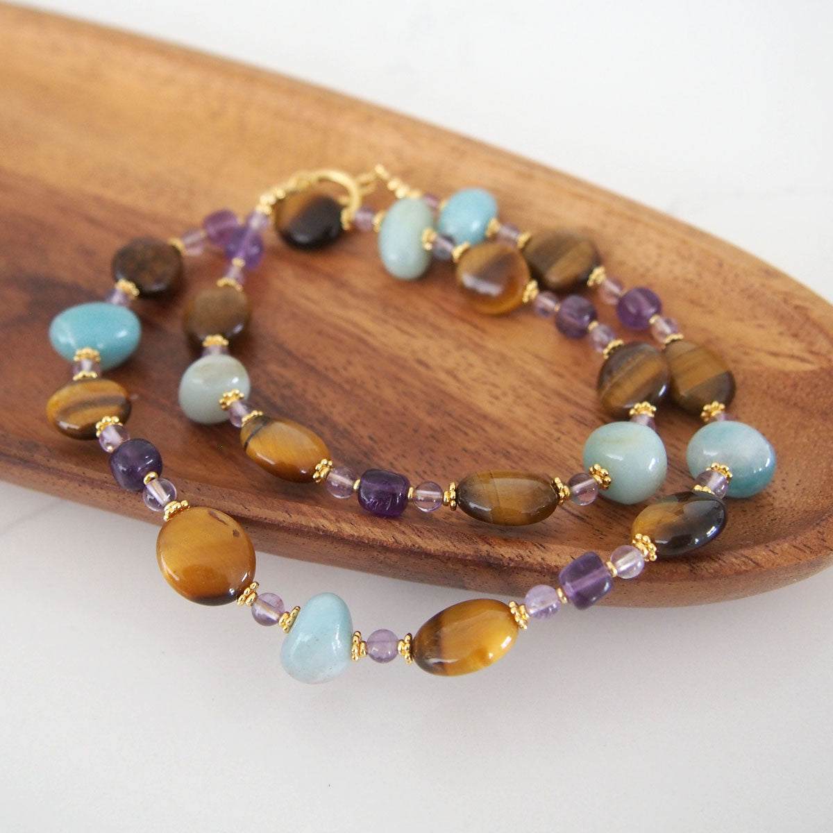 Tiger’s eye, Amazonite, Amethyst Necklace- Courage