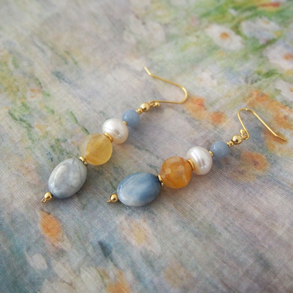 Magnesite, Pearls, Inclusion Quartz, Blue Anhydrite Earrings-Sky