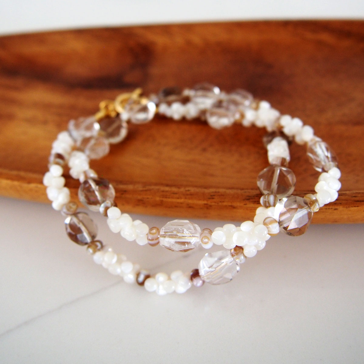 Smoky Quartz, Rock Crystal, Shell beads Necklace- Snowberry