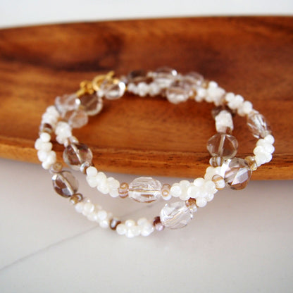 Smoky Quartz, Rock Crystal, Shell beads Necklace- Snowberry
