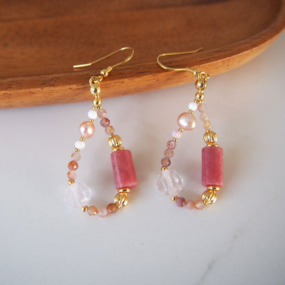Rhodonite, Rock Crystal, Pearls, Sakura agate Earrings- Love