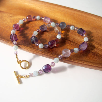 Fluorite, Beryl(light blue), Amethyst Necklace- Dreamlike