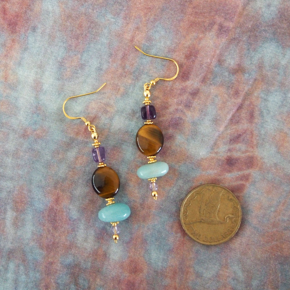 Tiger’s eye, Amazonite, Amethyst Earrings- Courage