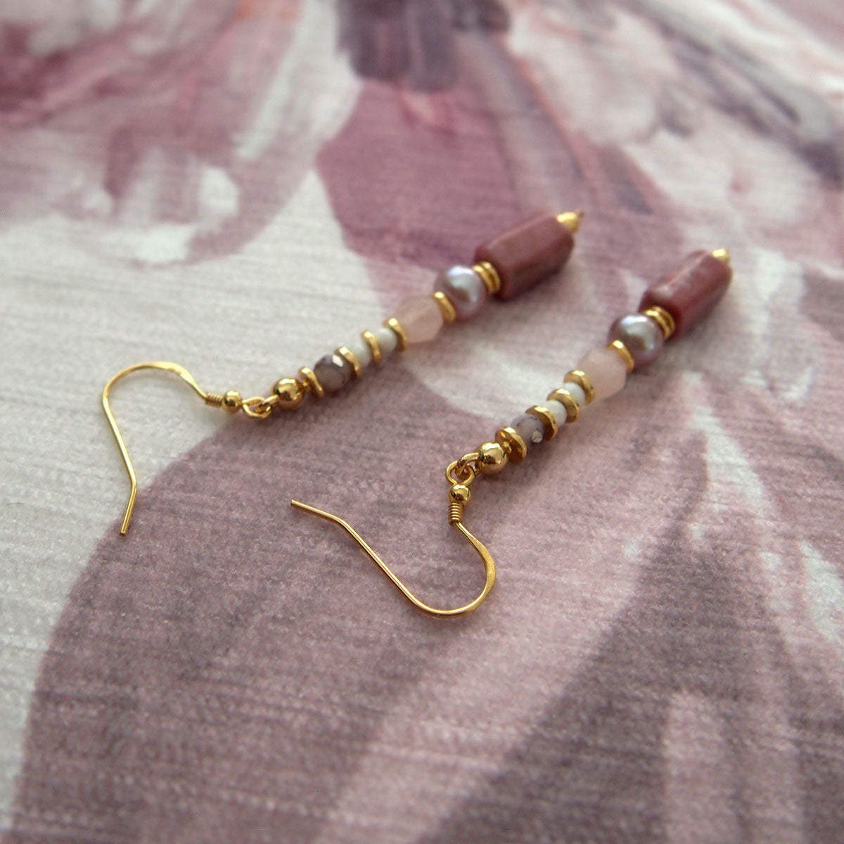 Rhodonite, Pearls, Morganite, Common Opal Earrings–Rosa multiflora