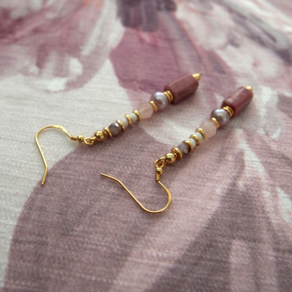 Rhodonite, Pearls, Morganite, Common Opal Earrings–Rosa multiflora