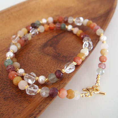 Agate, Pearls, Quartz Rutilated, Rock Crystal, Strawberry Quartz Necklace- Vigour