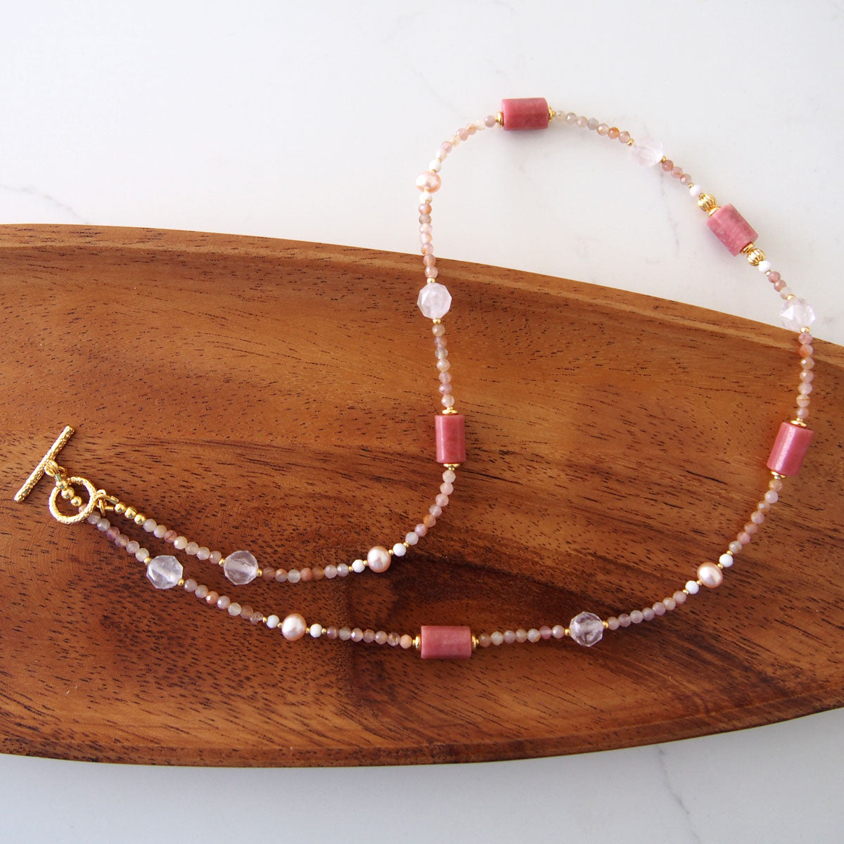 Rhodonite, Rock Crystal, Pearls, Sakura agate Necklace- Love