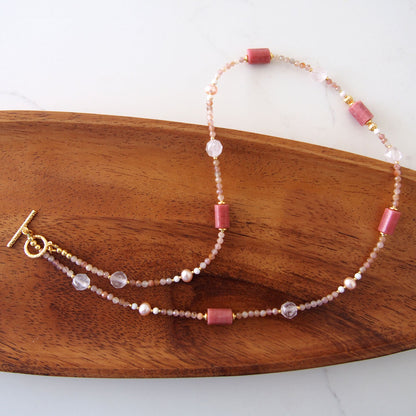 Rhodonite, Rock Crystal, Pearls, Sakura agate Necklace- Love
