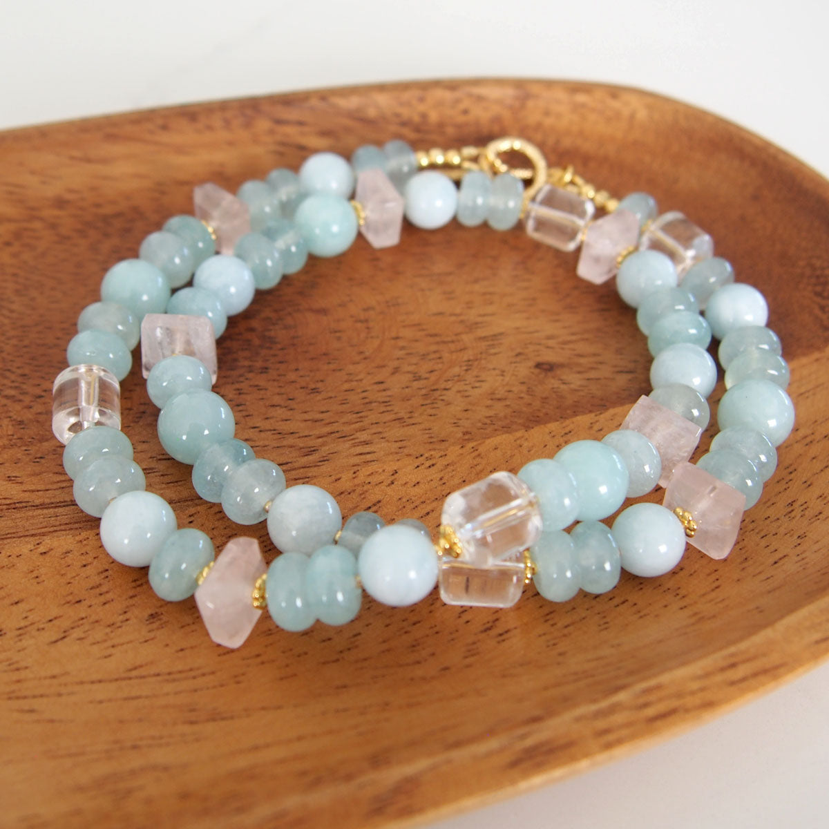 Rose Quartz, Rock Crystal, Amazonite, Beryl, Chalcedony Necklace- Romance