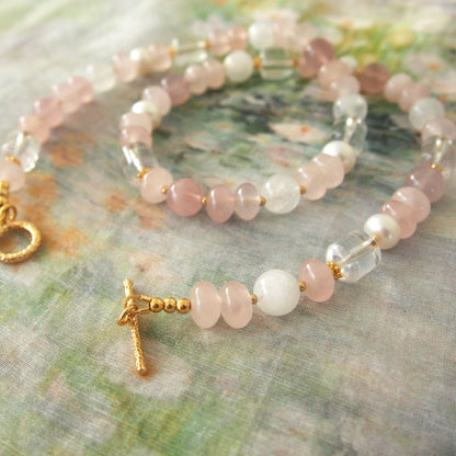 Rock Crystal, Moonstone, Rose Quartz, Pearls Necklace- Romance