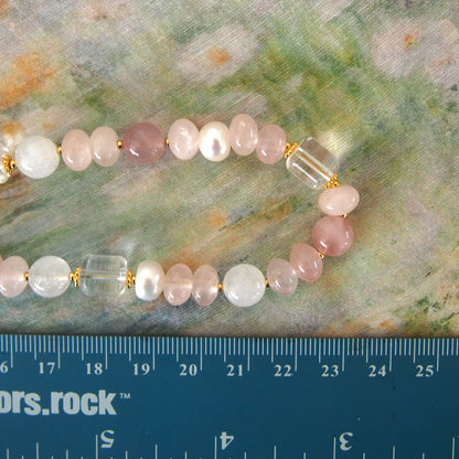 Rock Crystal, Moonstone, Rose Quartz, Pearls Necklace- Romance