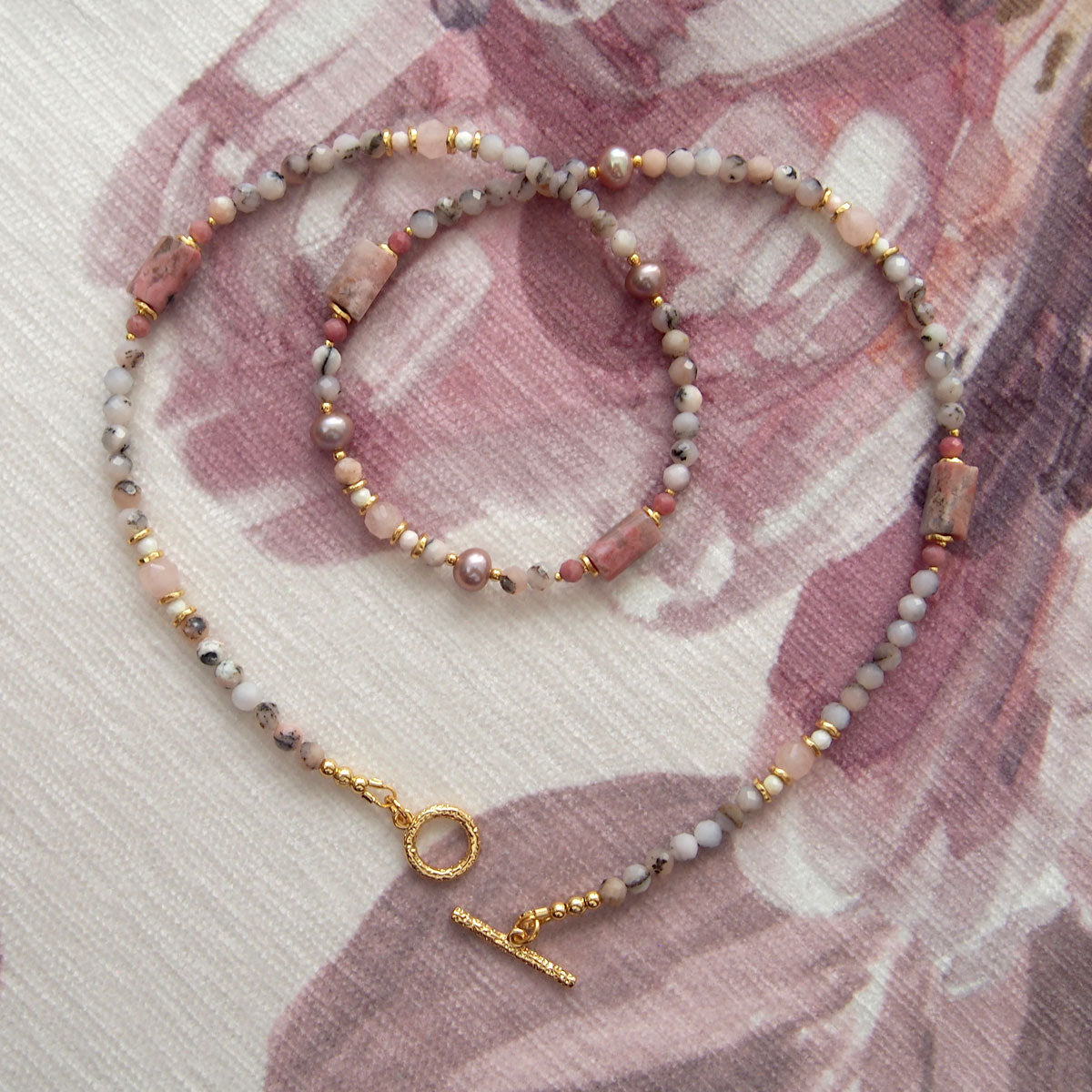 Rhodonite, Pearls, Morganite, Common Opal, Rhodochrosite Necklace–Rosa multiflora