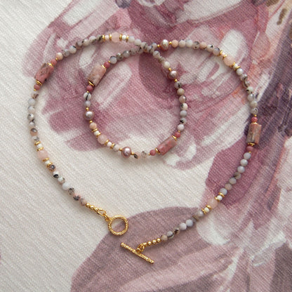 Rhodonite, Pearls, Morganite, Common Opal, Rhodochrosite Necklace–Rosa multiflora