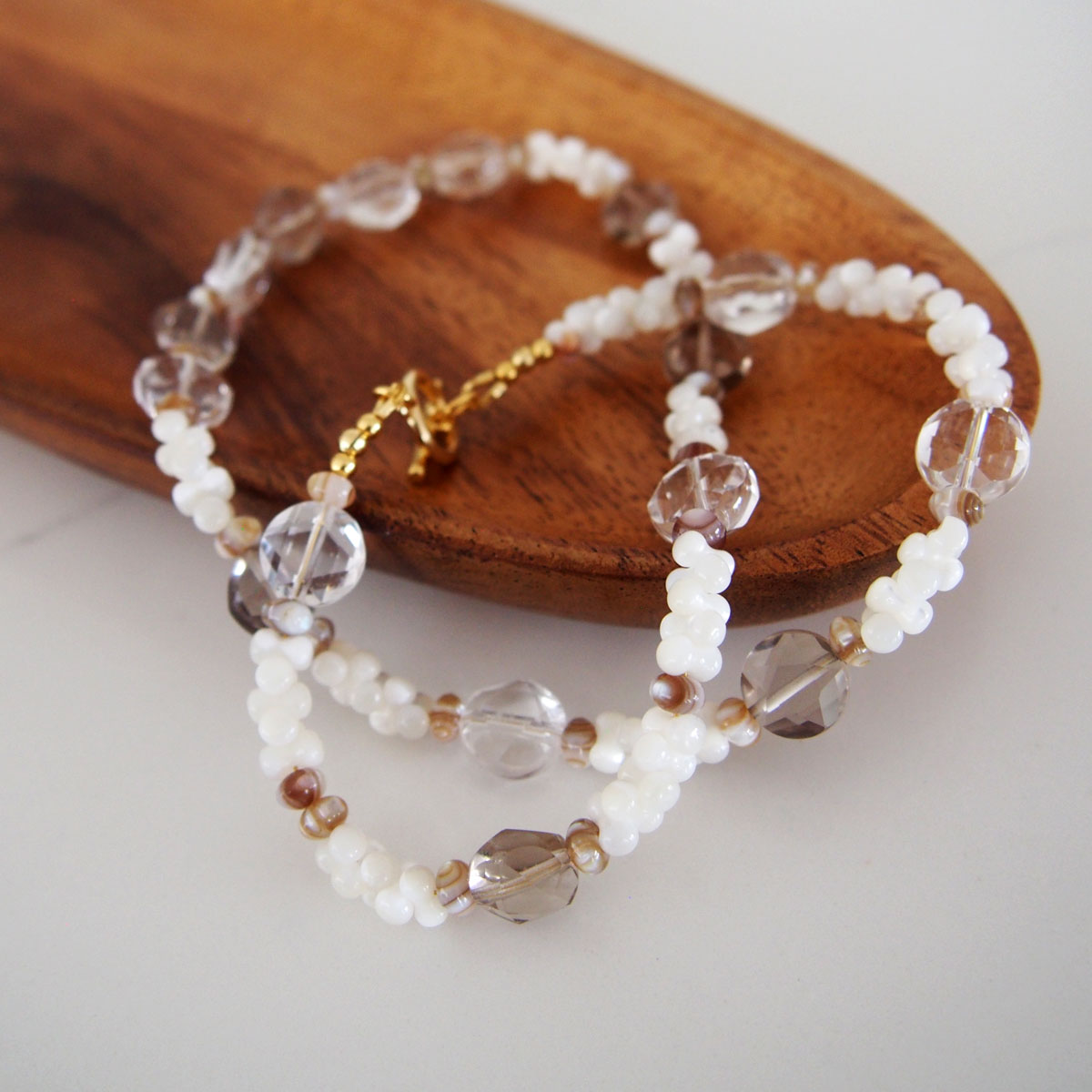 Smoky Quartz, Rock Crystal, Shell beads Necklace- Snowberry
