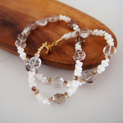 Smoky Quartz, Rock Crystal, Shell beads Necklace- Snowberry