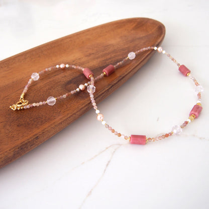 Rhodonite, Rock Crystal, Pearls, Sakura agate Necklace- Love