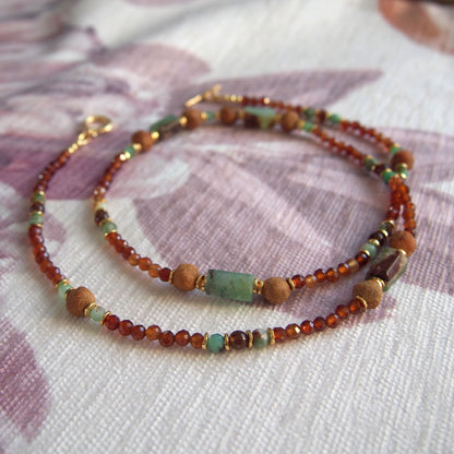 Common Opal(green), Amber(Raw crust), Chrysoprase, Garnet(orange) Necklace–Buds