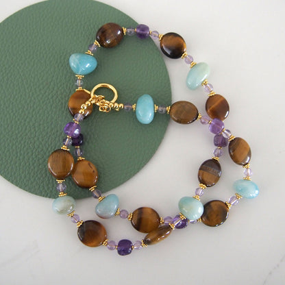 Tiger’s eye, Amazonite, Amethyst Necklace- Courage