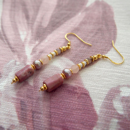 Rhodonite, Pearls, Morganite, Common Opal Earrings–Rosa multiflora