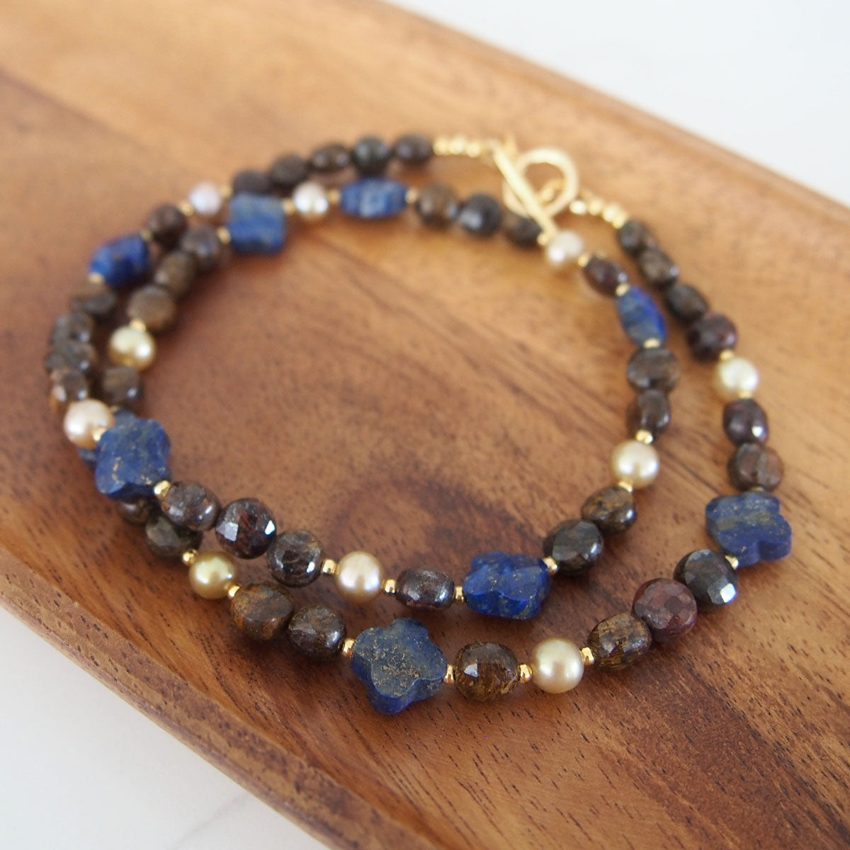 Lapis Lazuli, Bronzite, Pearls Necklace- Night Sky
