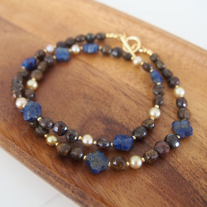 Lapis Lazuli, Bronzite, Pearls Necklace- Night Sky