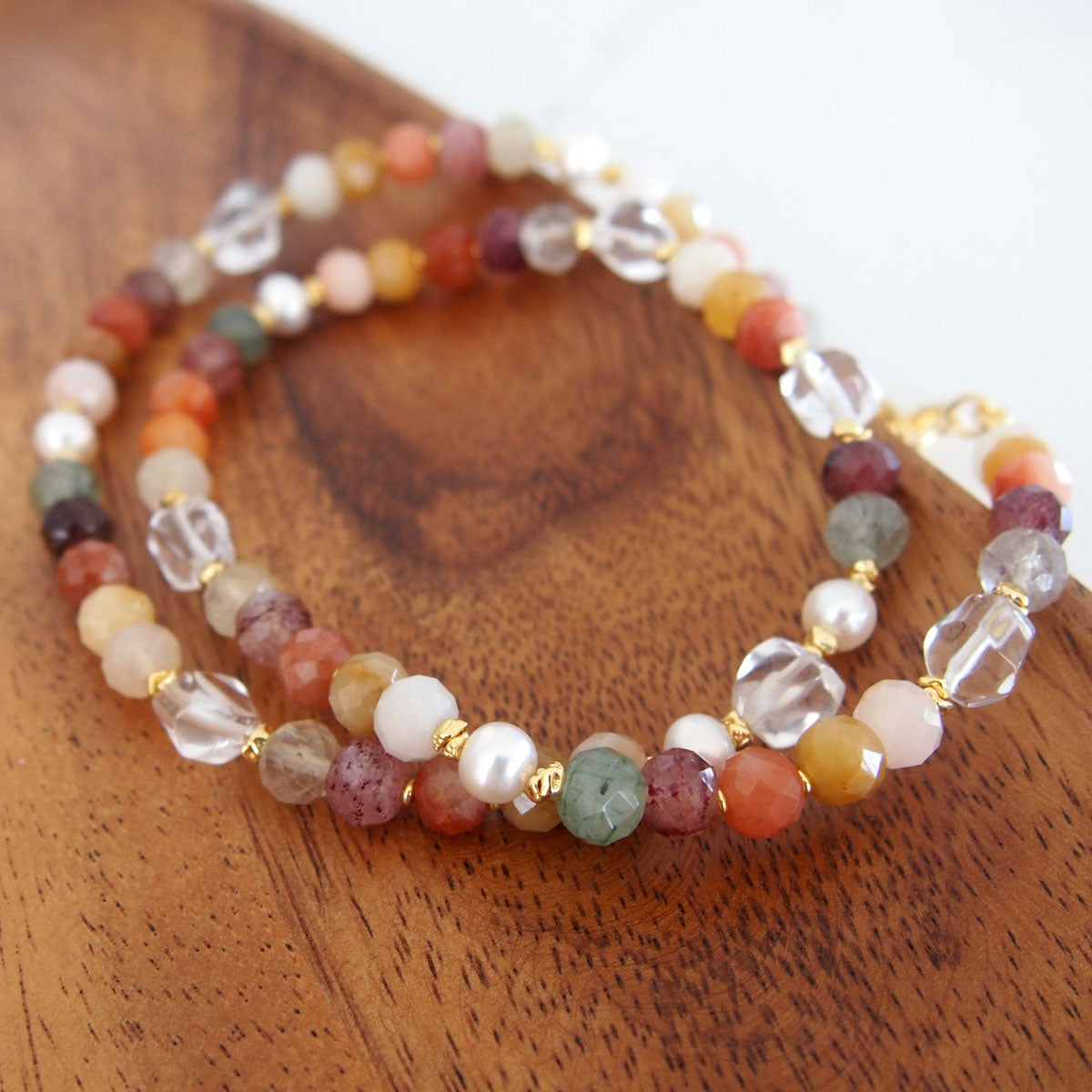 Agate, Pearls, Quartz Rutilated, Rock Crystal, Strawberry Quartz Necklace- Vigour
