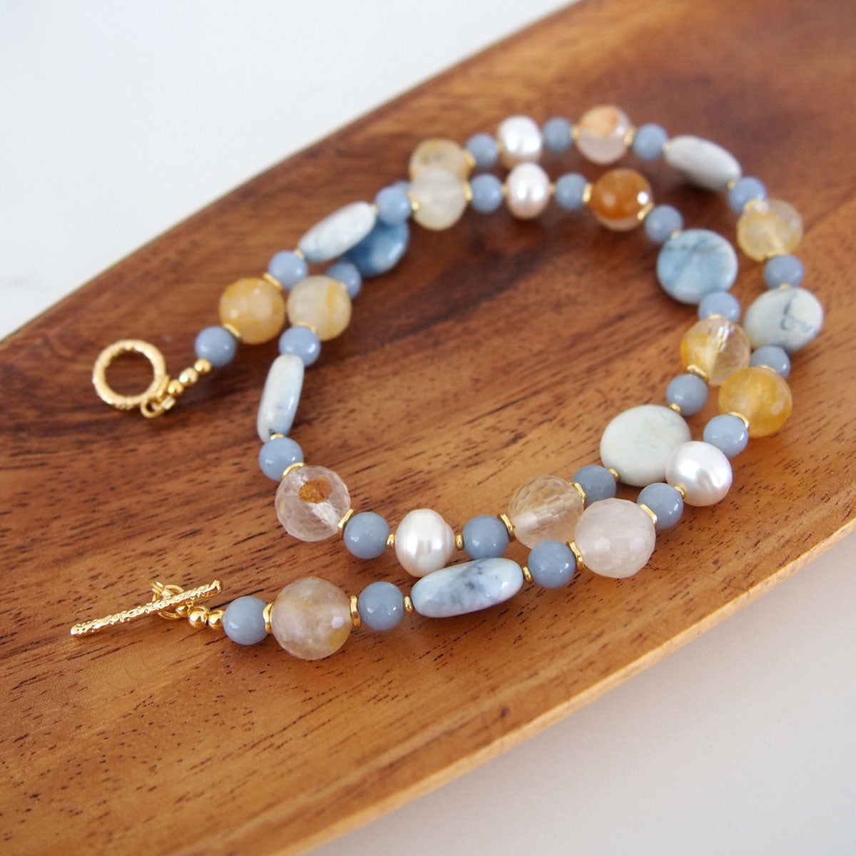 Magnesite, Pearls, Inclusion Quartz, Blue Anhydrite Necklace-Sky