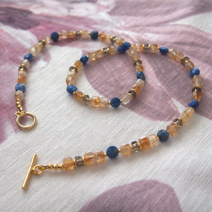 Smoky Quartz  Lapis lazuli  Citrine Necklace-Starry Night