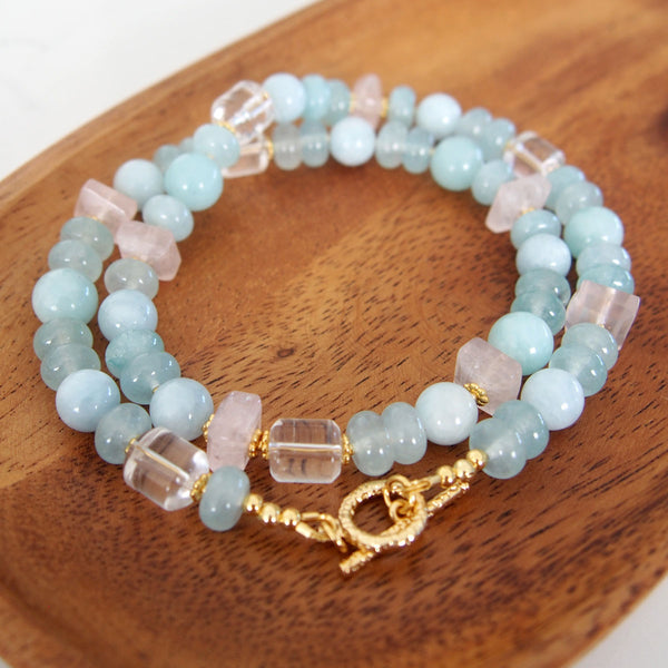 Rose Quartz, Rock Crystal, Amazonite, Beryl, Chalcedony Necklace–Romance