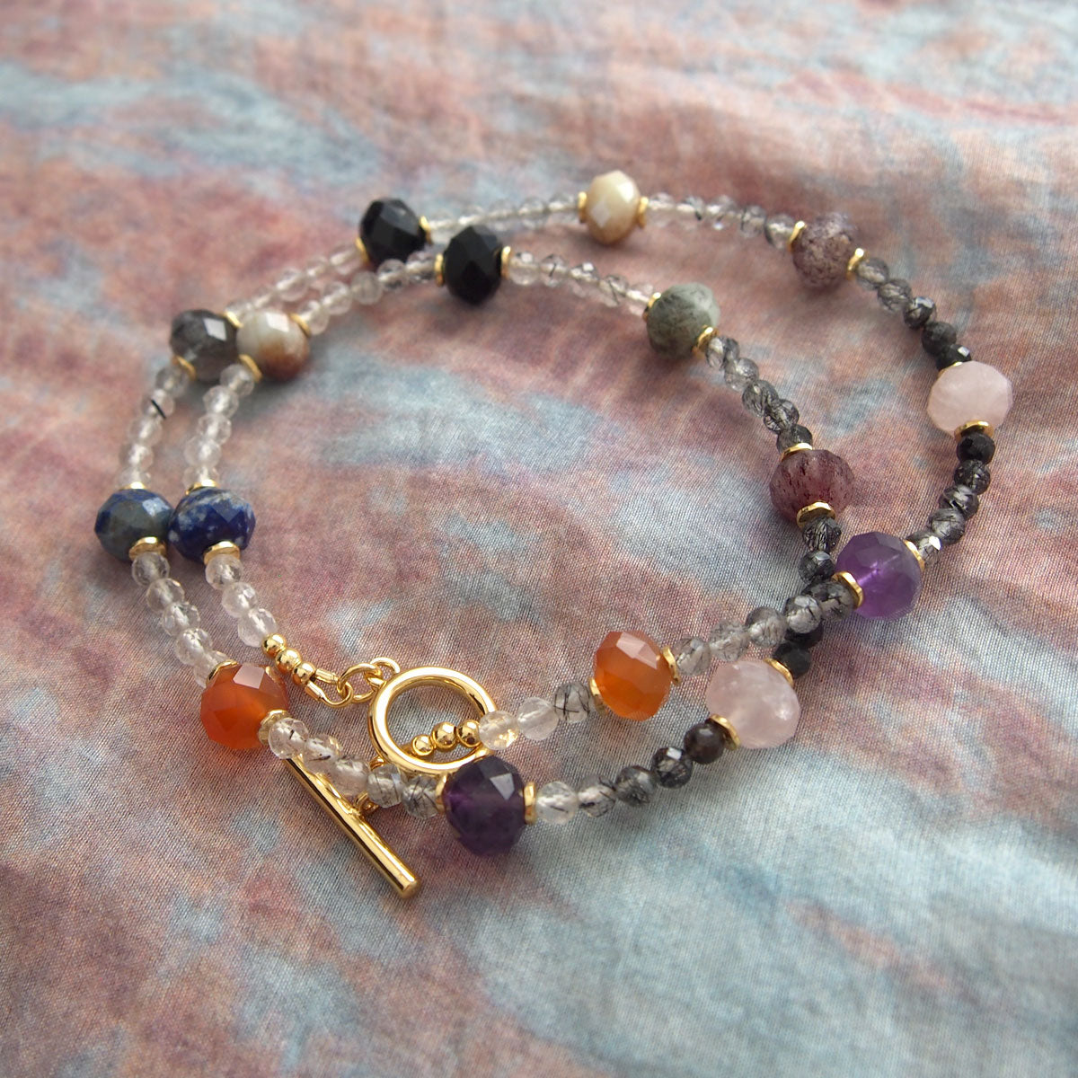Agate, Amethyst, Lapis Lazuli, Quartz Rutilated, Rose Quartz, Strawberry Quartz Necklace- Abundance