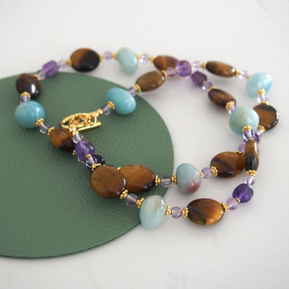 Tiger’s eye, Amazonite, Amethyst Necklace- Courage