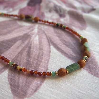Common Opal(green), Amber(Raw crust), Chrysoprase, Garnet(orange) Necklace–Buds