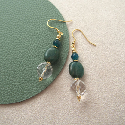 Rock crystal,  Jade(oval),  Apatite Earrings-Blue Spring