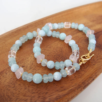 Rose Quartz, Rock Crystal, Amazonite, Beryl, Chalcedony Necklace- Romance