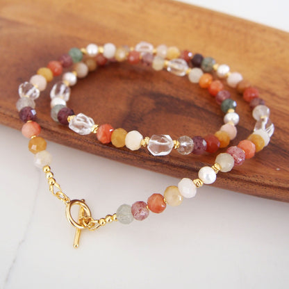 Agate, Pearls, Quartz Rutilated, Rock Crystal, Strawberry Quartz Necklace- Vigour