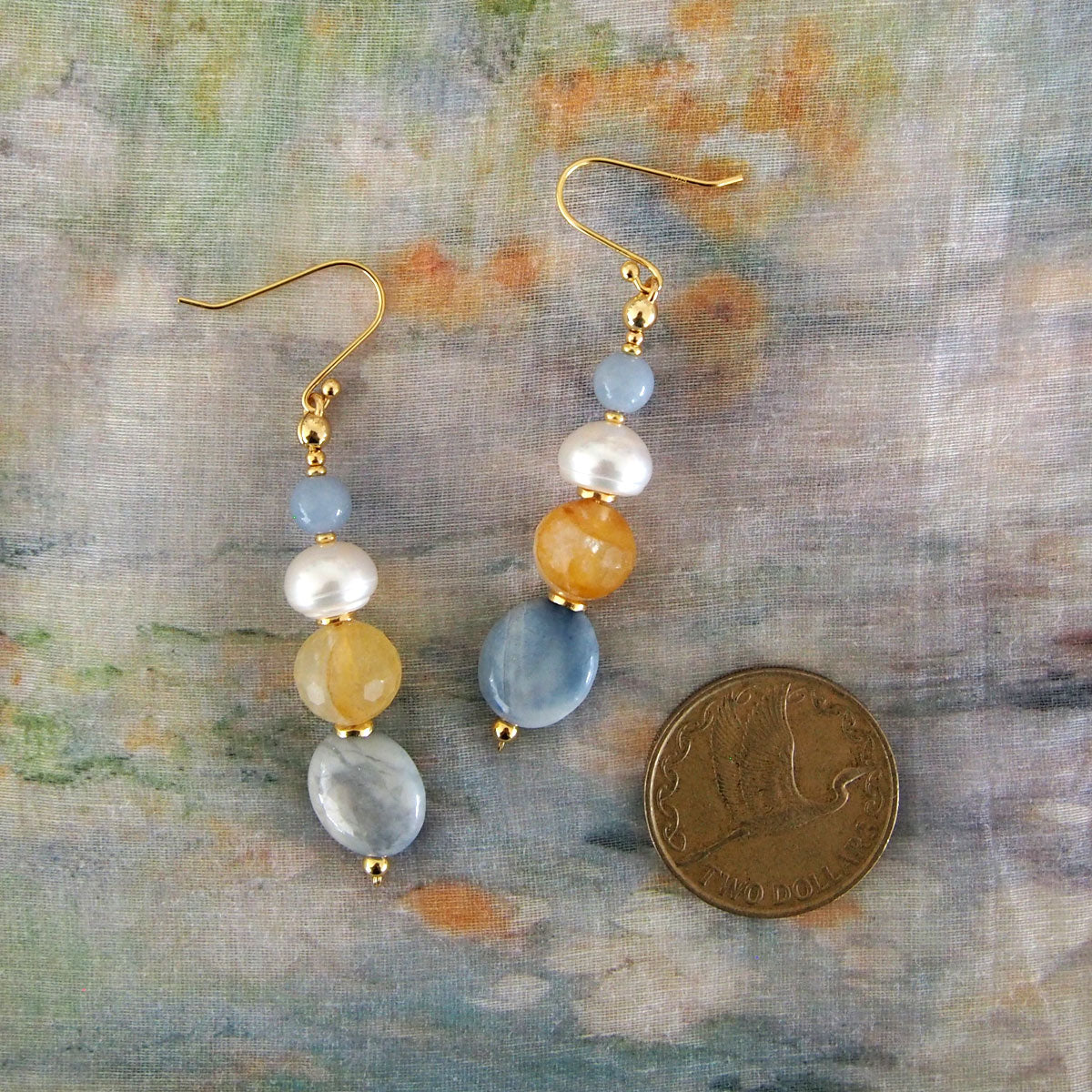 Magnesite, Pearls, Inclusion Quartz, Blue Anhydrite Earrings-Sky