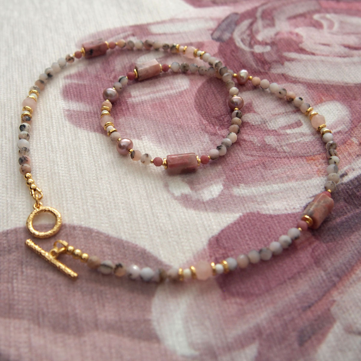 Rhodonite, Pearls, Morganite, Common Opal, Rhodochrosite Necklace–Rosa multiflora