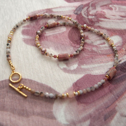 Rhodonite, Pearls, Morganite, Common Opal, Rhodochrosite Necklace–Rosa multiflora