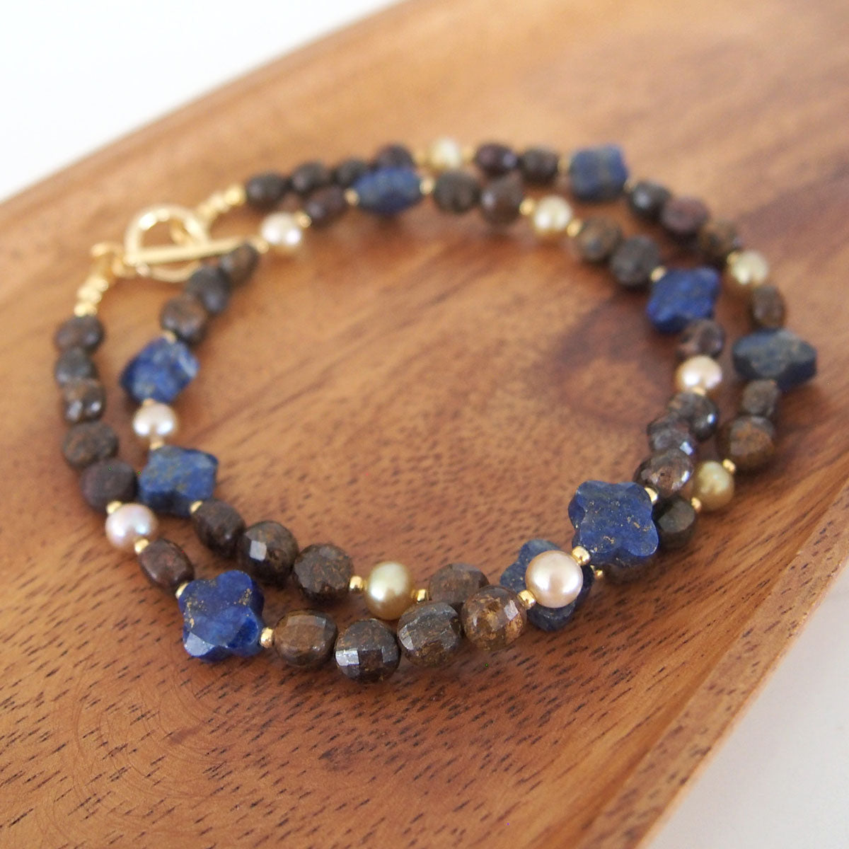 Lapis Lazuli, Bronzite, Pearls Necklace- Night Sky