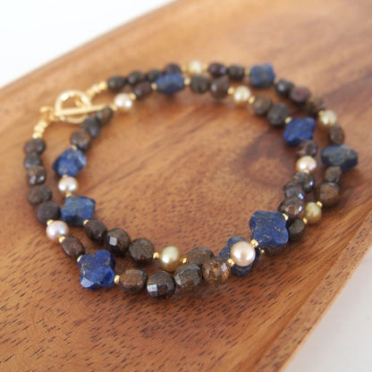 Lapis Lazuli, Bronzite, Pearls Necklace- Night Sky
