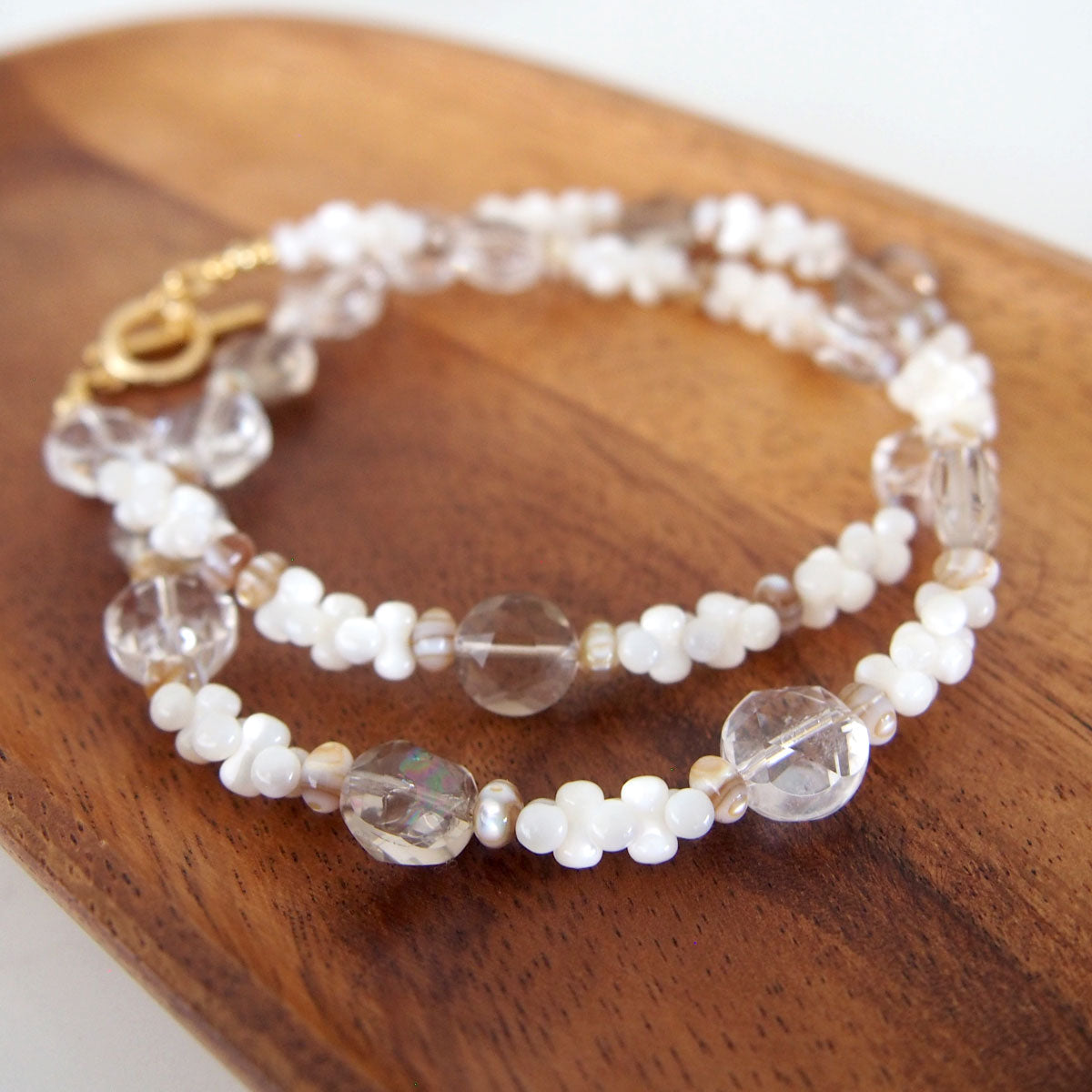 Smoky Quartz, Rock Crystal, Shell beads Necklace- Snowberry