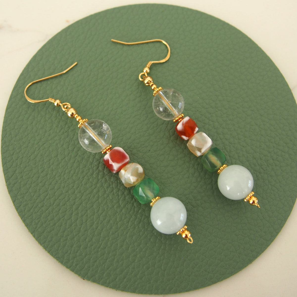 Beryl,  Rock crystal,  Agate Earrings–The Young at Heart